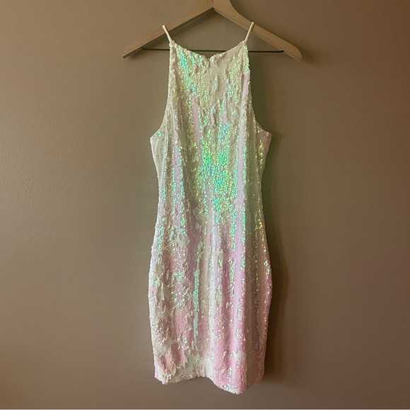 Women's M Dress the Population Iridescent White Sequin Halter Mini Dress - Picture 3 of 8